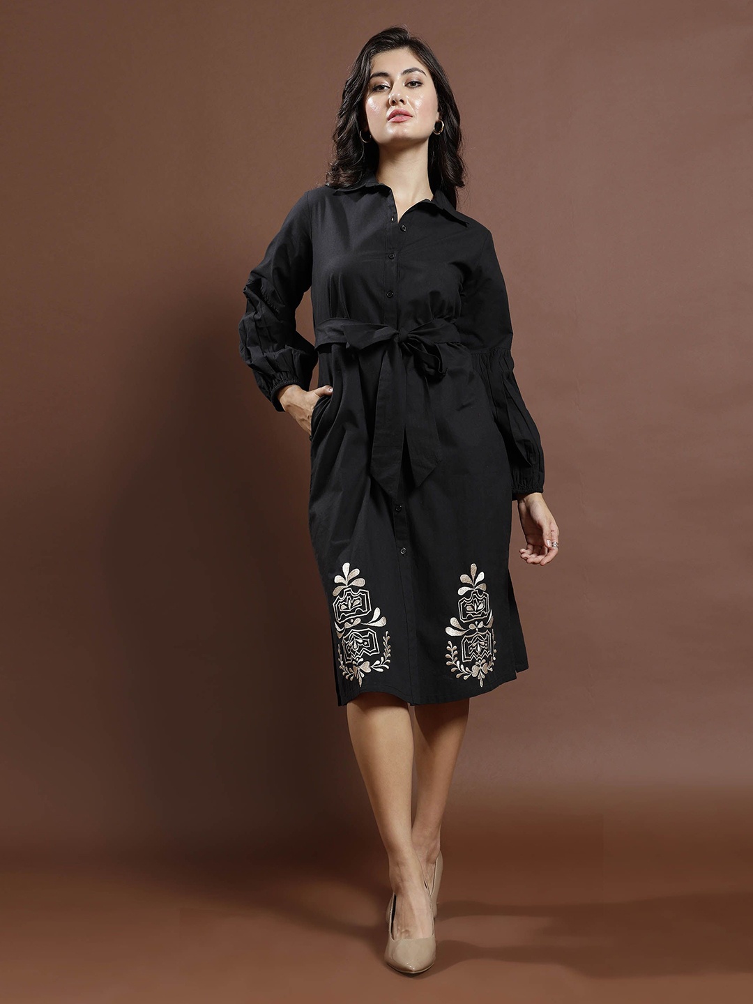 

Boho By Athena Bohemian Women Embroidered Puff Sleeve Shirt Midi Dress, Black