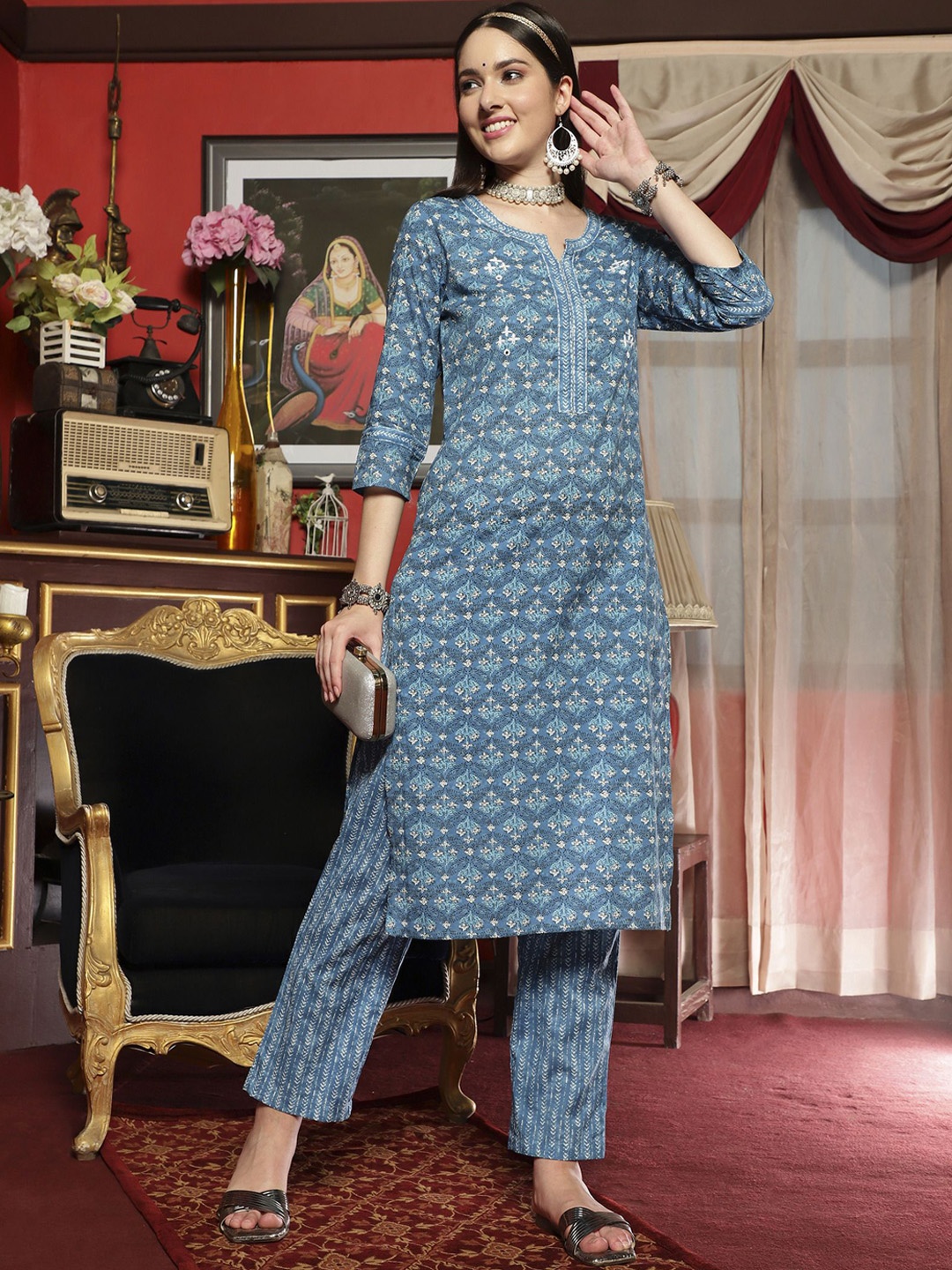 

Sangria Blue Floral Printed Thread Work Pure Cotton Straight Kurta With Trouser