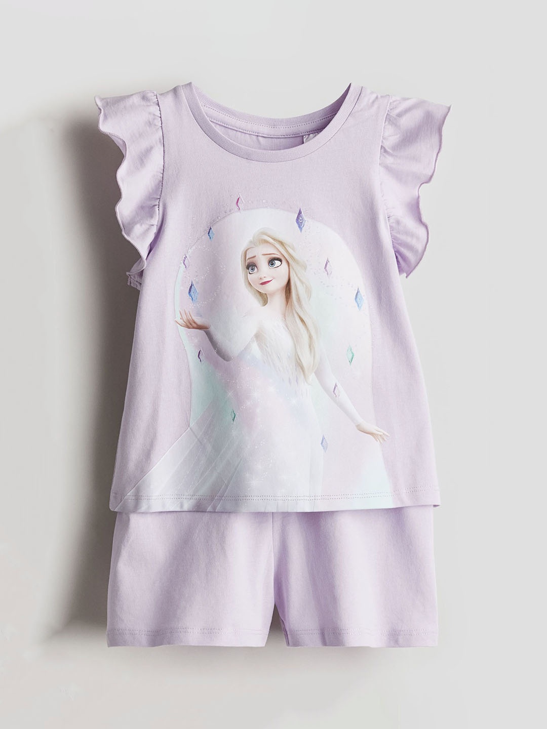 

H&M Girls Printed Pure Cotton T-Shirt & Shorts Night Suit, Purple