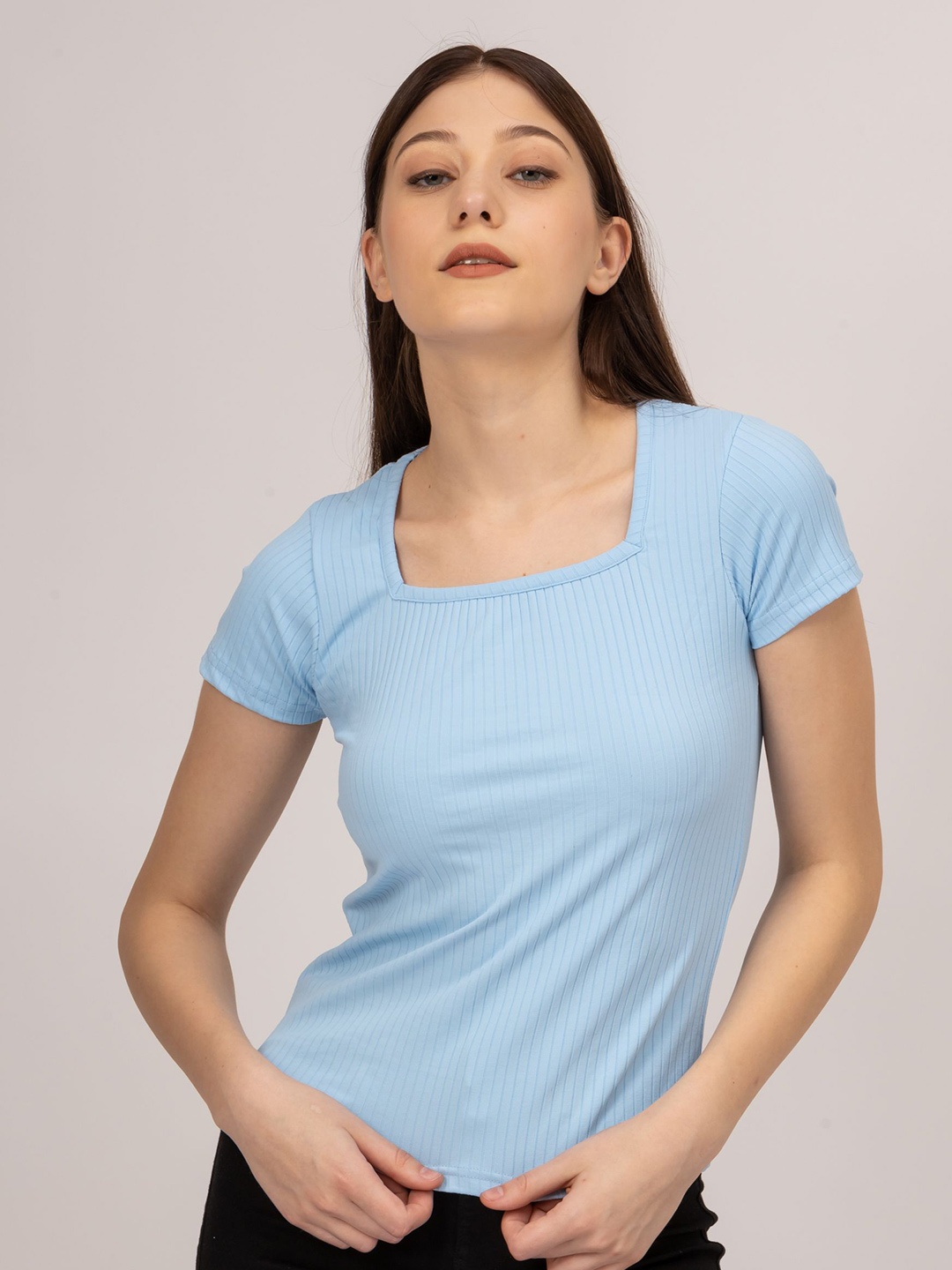 

Redamancii Women Vertical Striped Square Neck Polycotton Top, Blue