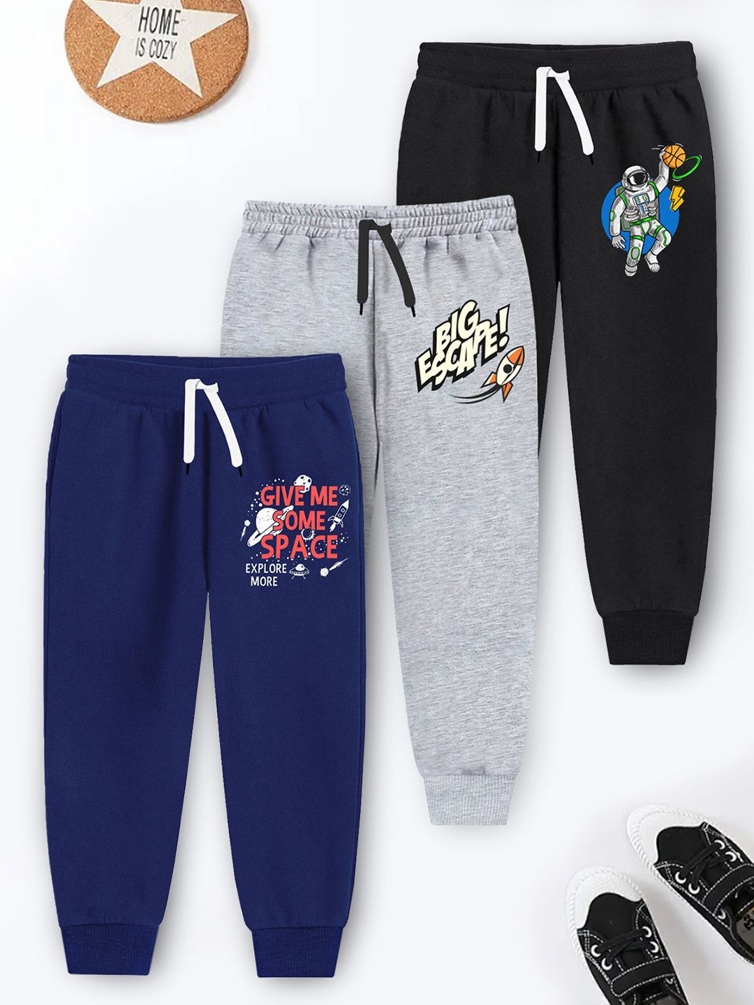 

YK X Trampoline Pack Of 3 Kids Typography Printed Jogger Pants, Grey