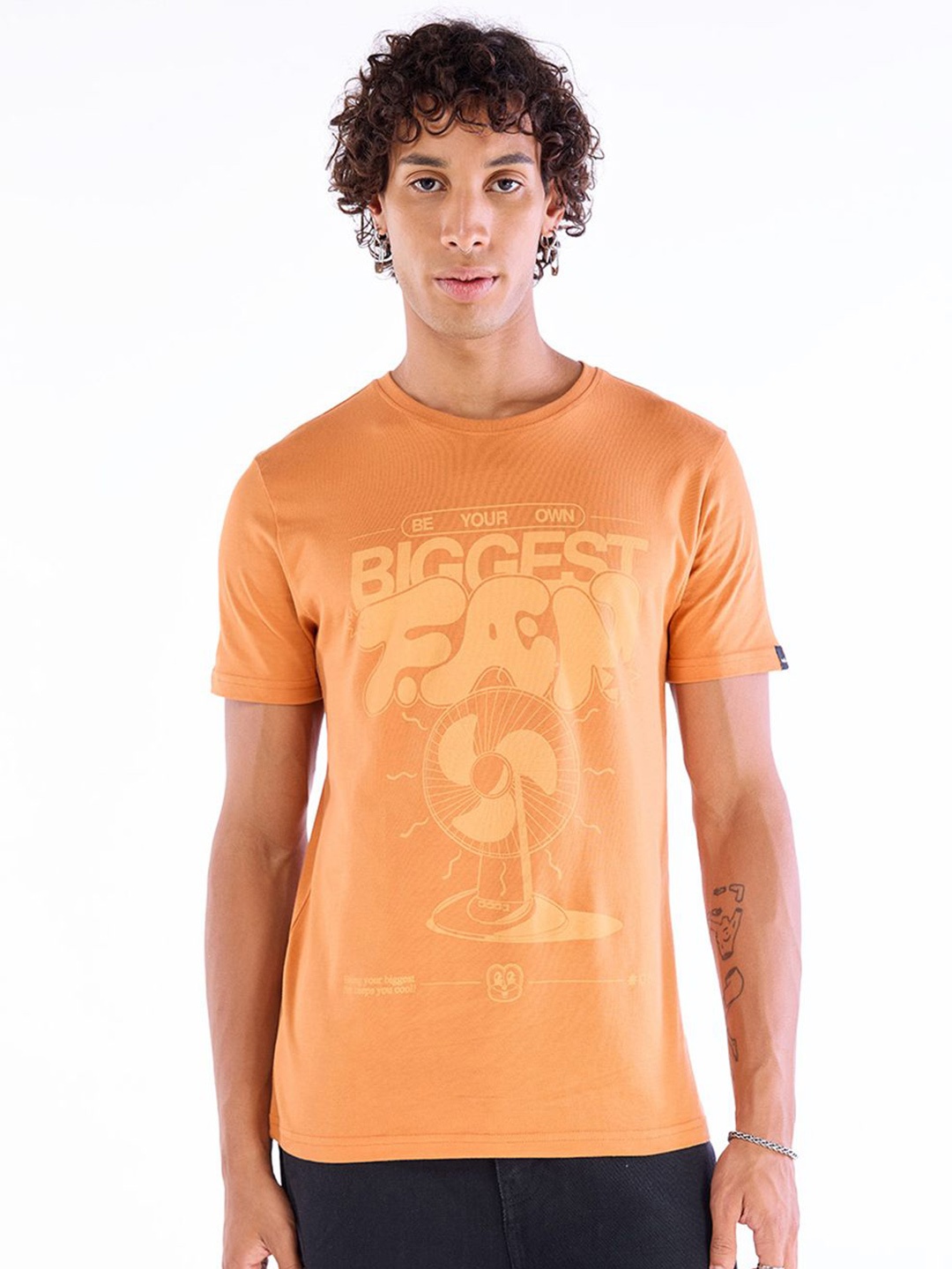 

Bewakoof Men Graphic Printed Round Neck Pure Cotton T-shirt, Orange