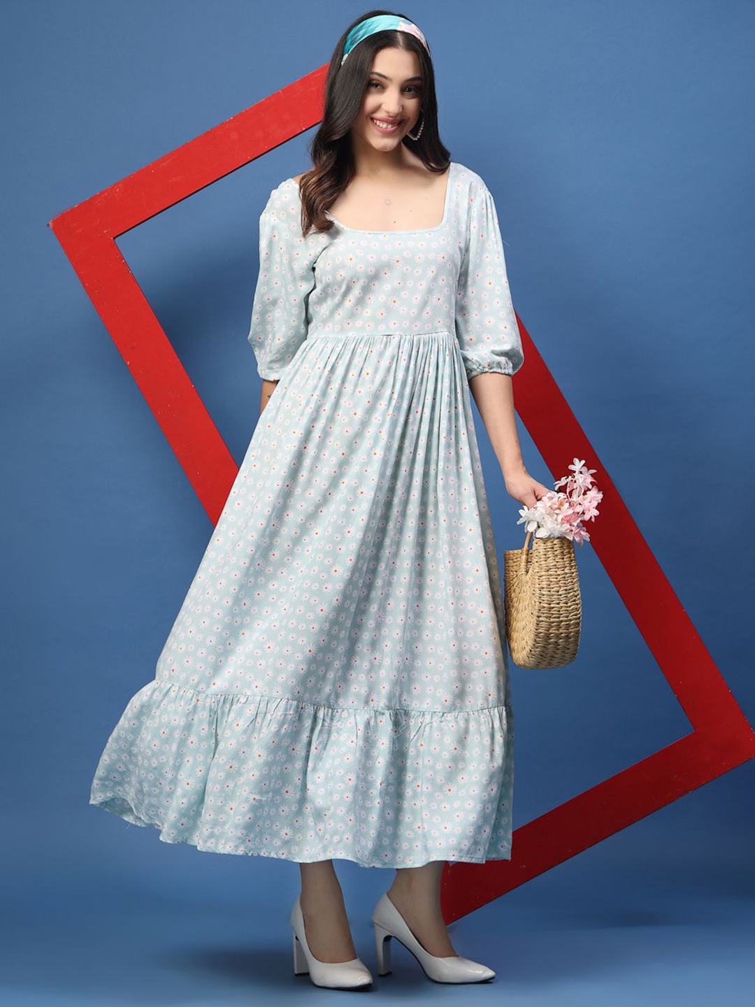 

DAEVISH Floral Printed Puff Sleeve Fit & Flare Maxi Dress, Blue