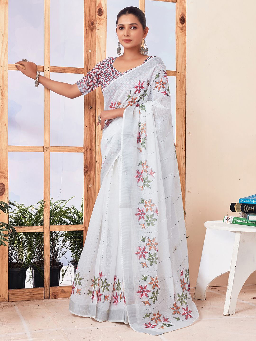 

Mitera Floral Printed Zari Pure Cotton Ikat Saree, White