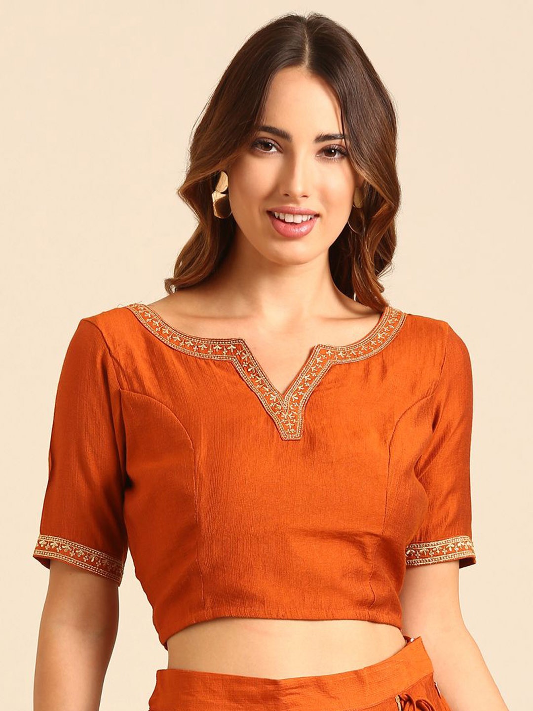 

De Moza Women Embroidered Non-Padded Saree Blouse, Rust