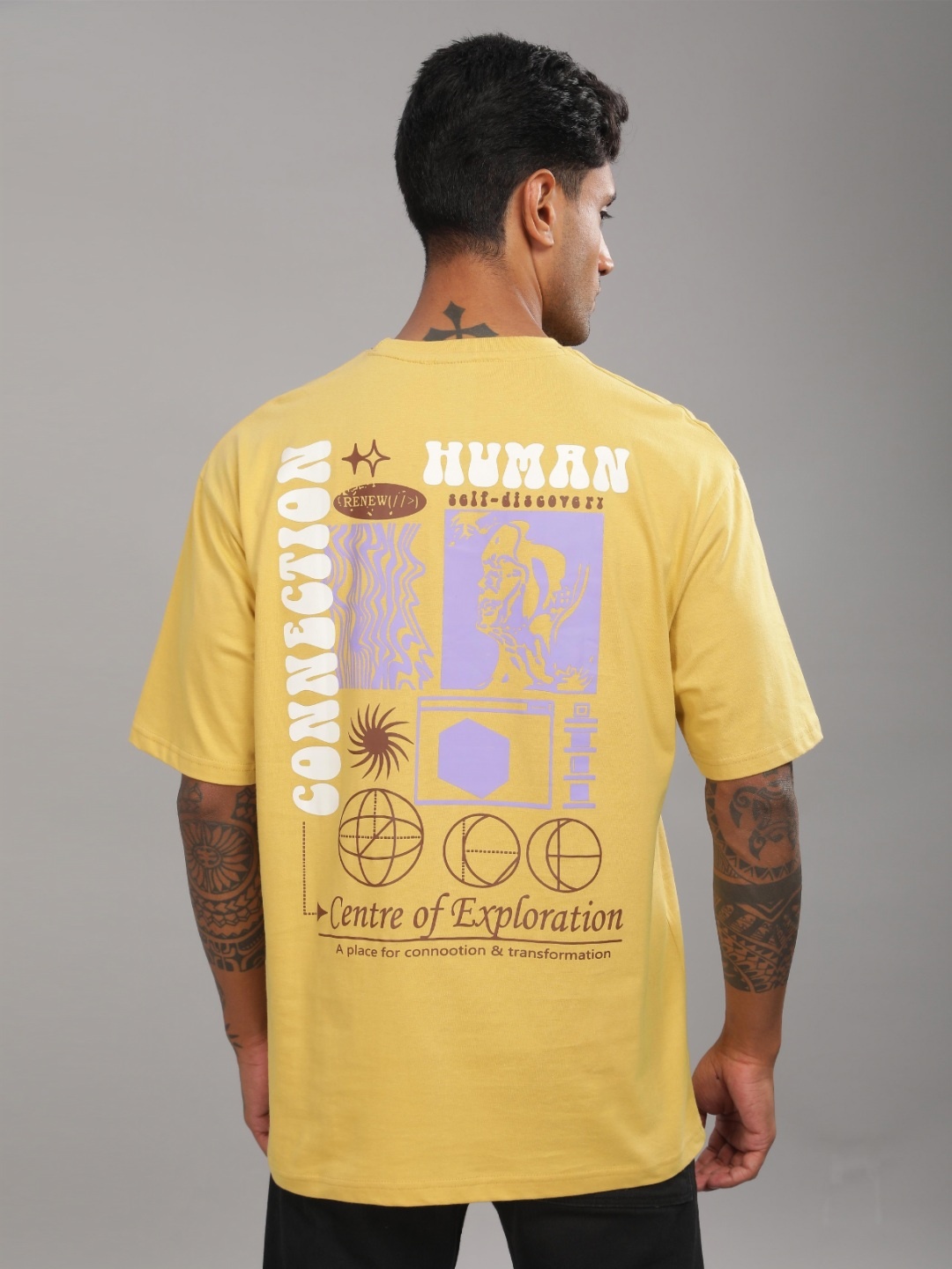 

TOMHIDDLE Men Typography Printed Round Neck Cotton Oversized T-shirt, Yellow