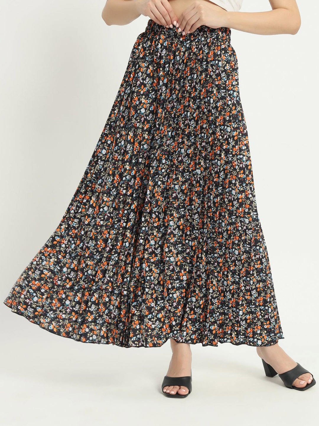 

ZWERLON Floral Printed Accordion Pleated A-Line Maxi Skirt, Black