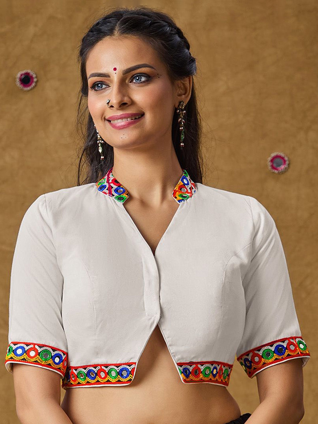 

SALWAR STUDIO Garba Embroidered Padded Cotton Saree Blouse, White