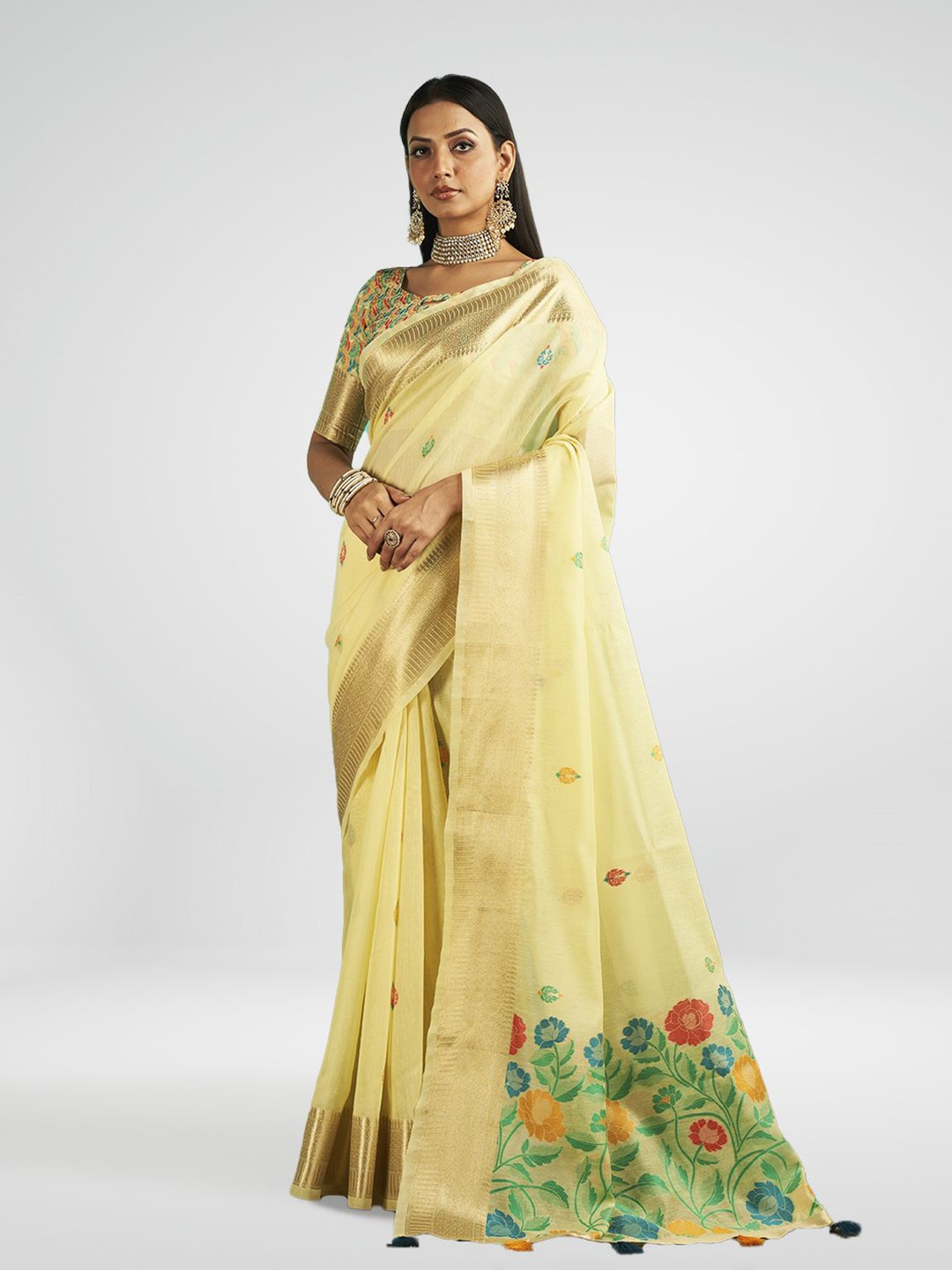 

SARHA Floral Zari Pure Cotton Saree, Yellow