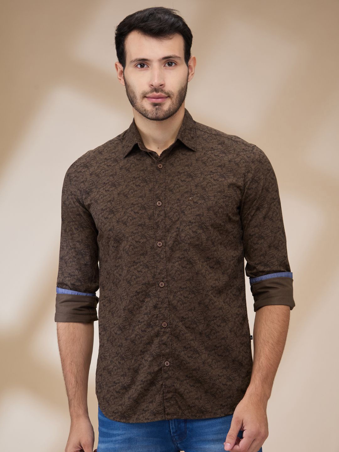 

Parx Men Spread Collar Abstract Printed Cotton Slim Fit Casual Shirt, Brown