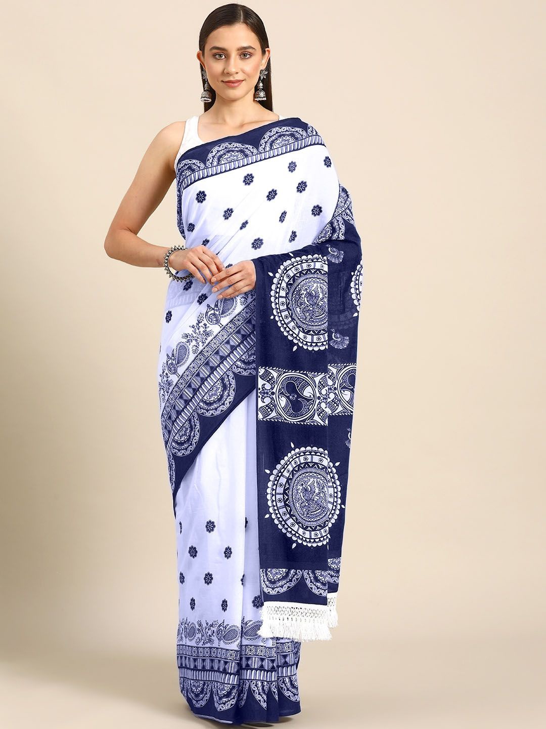 

BUTA BUTI Ethnic Motifs Printed Pure Cotton Saree, White