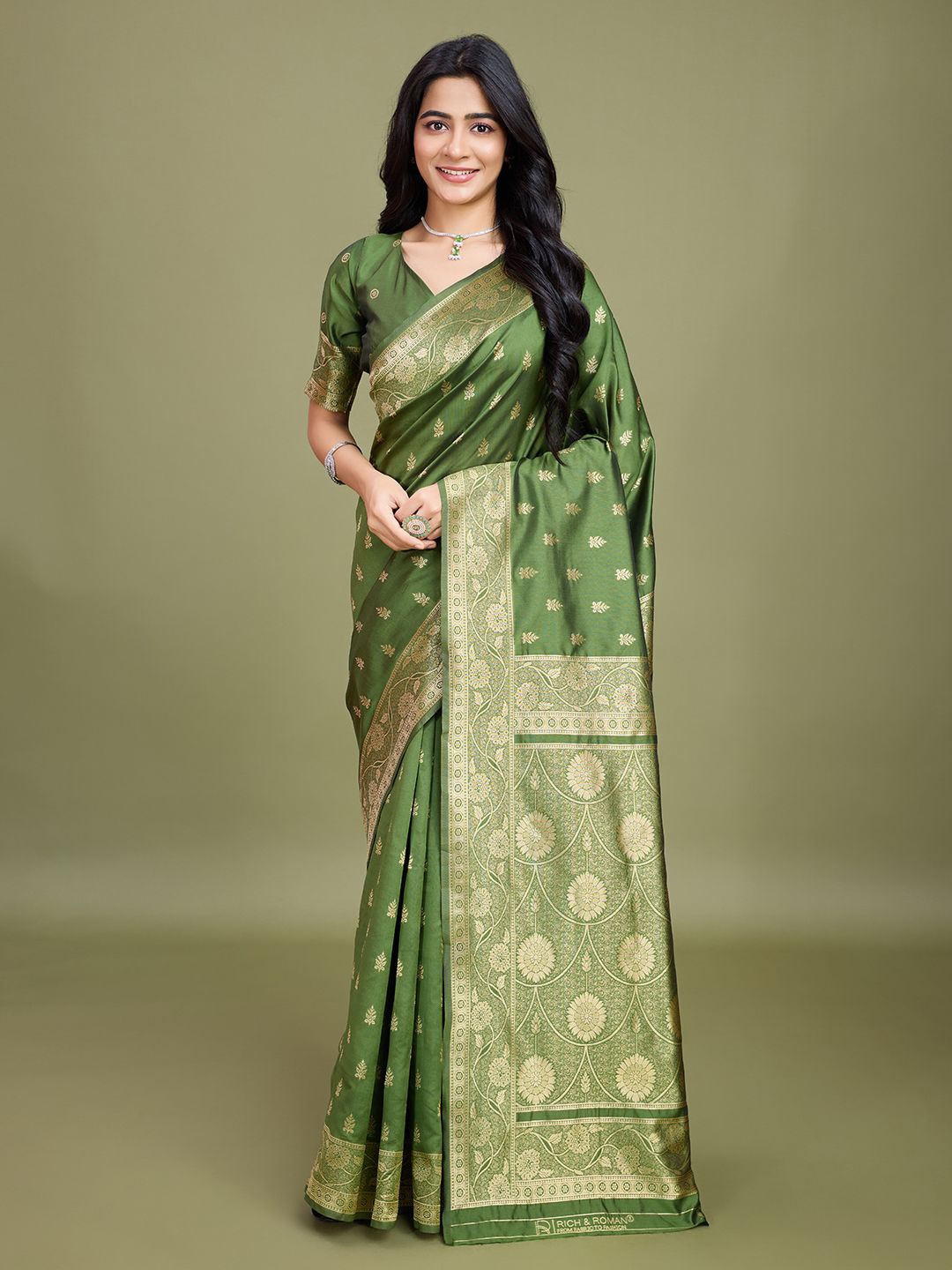 

RICH & ROMAN Woven Design Zari Pure Silk Banarasi Saree, Olive