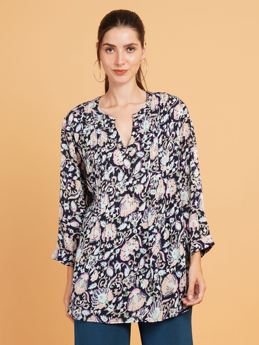 

Sztori Floral Print Mandarin Collar Top, Blue