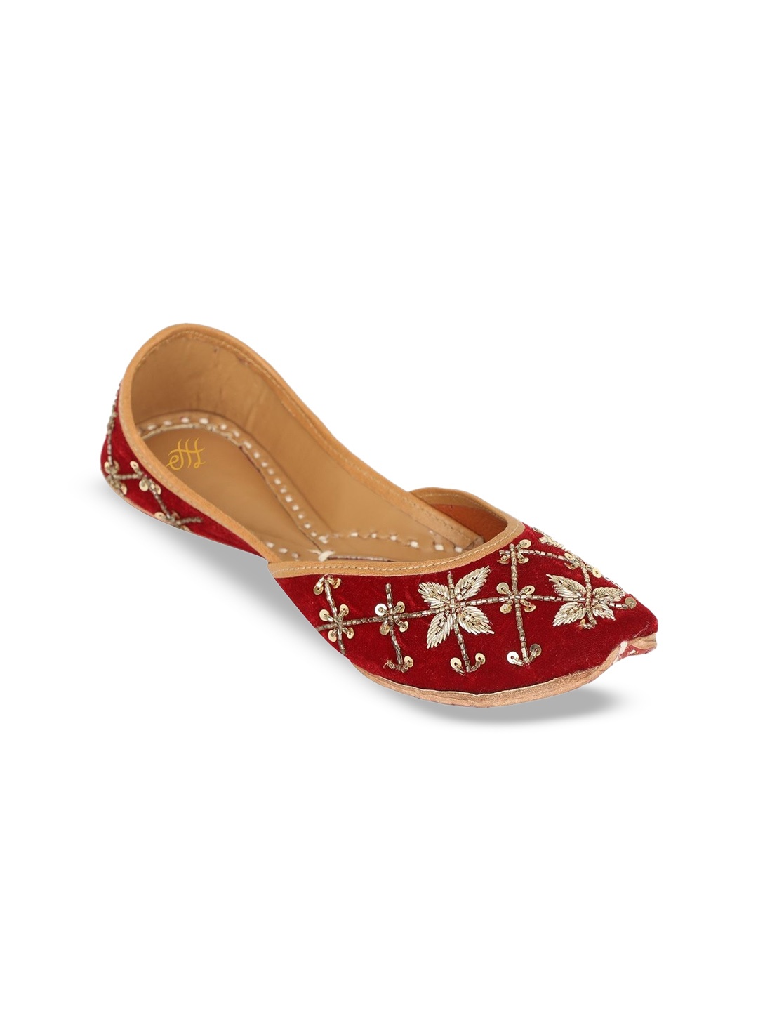

House of Pataudi Women Embellished Mojaris Round Toe Flats, Maroon