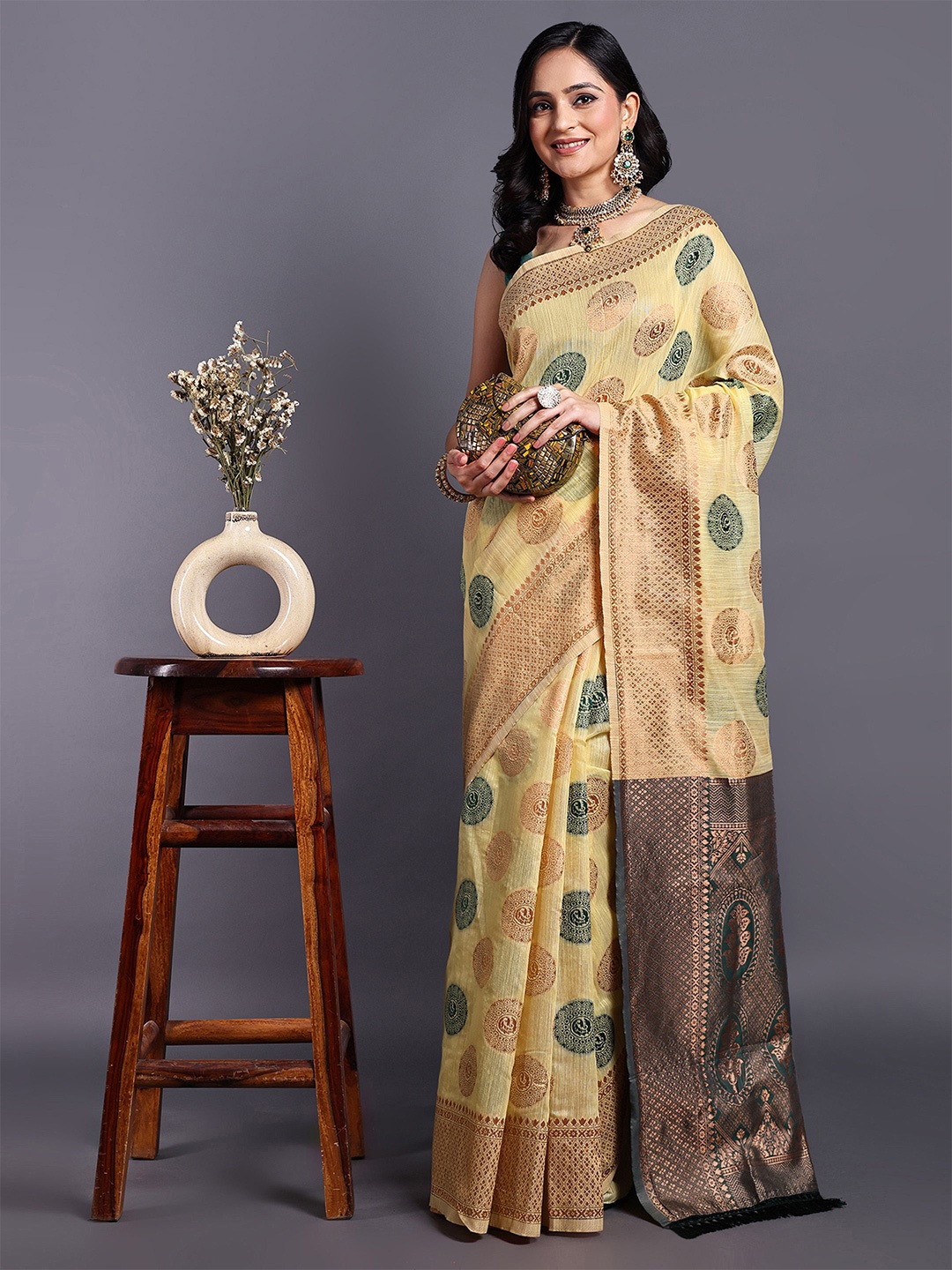 

SWAMI STUDIO Ethnic Motif Woven Design Zari Pure Cotton Kanjeevaram Saree, Yellow