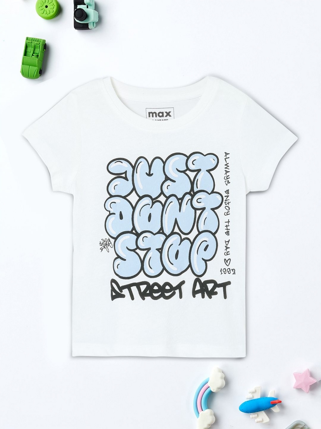 

max Girls Typography Printed Round Neck Cotton T-shirt, Off white