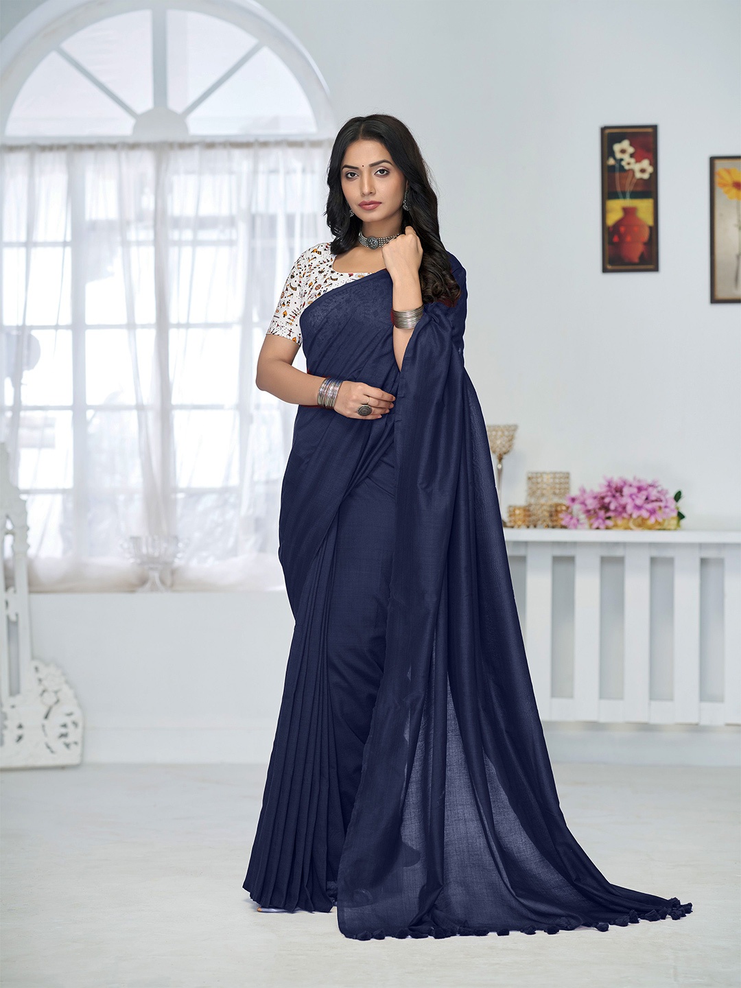 

Anouk Solid Pure Cotton Saree, Navy blue