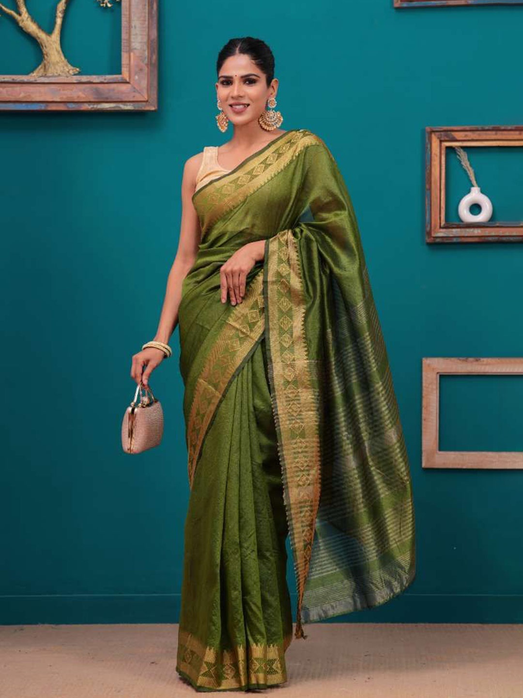 

HEARTLOOM SOUTH Zari Silk Cotton Chanderi Saree, Olive