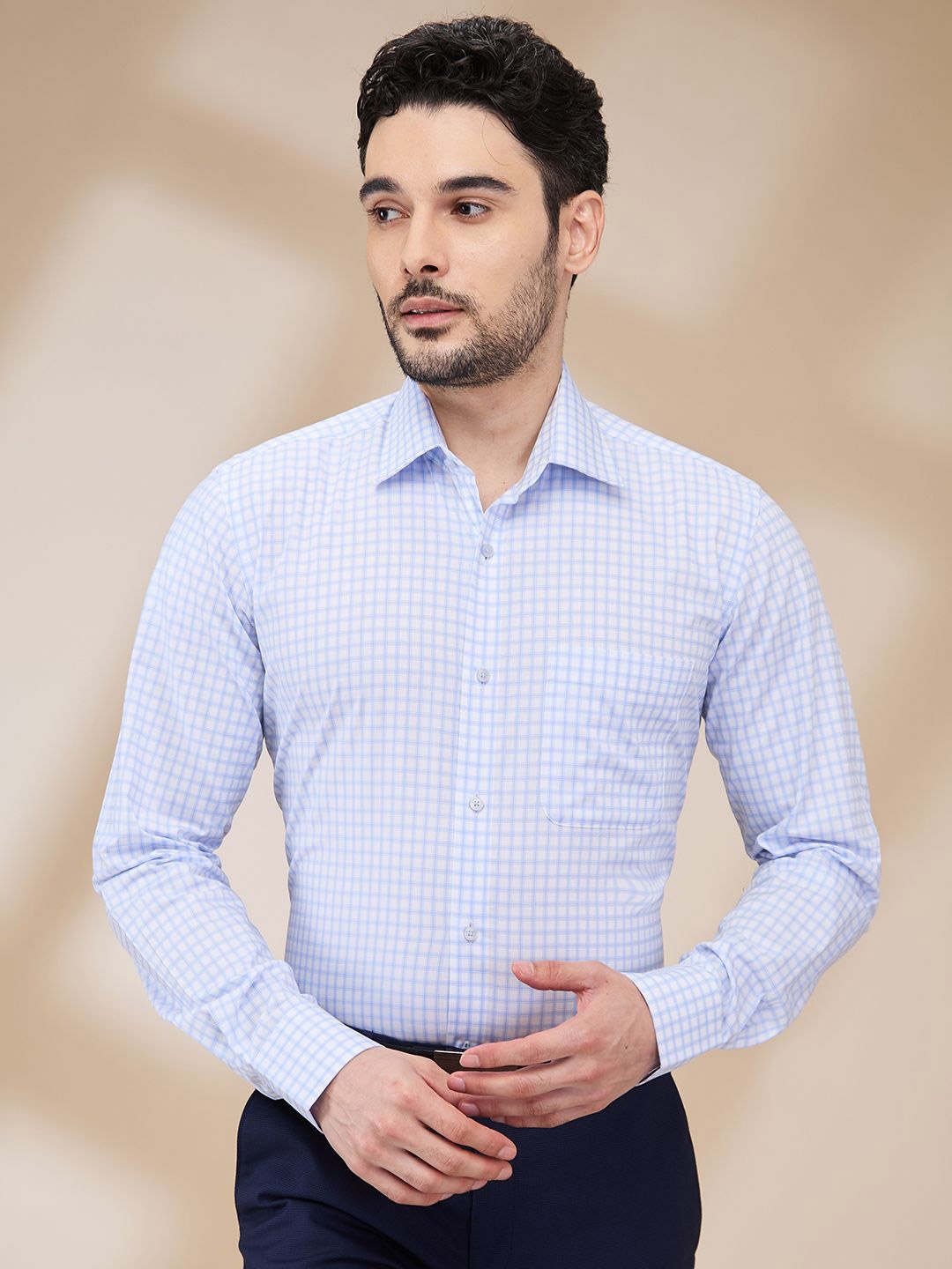 

Raymond Men Contemporary Spread Collar Micro Checked Cotton Formal Shirt, Blue