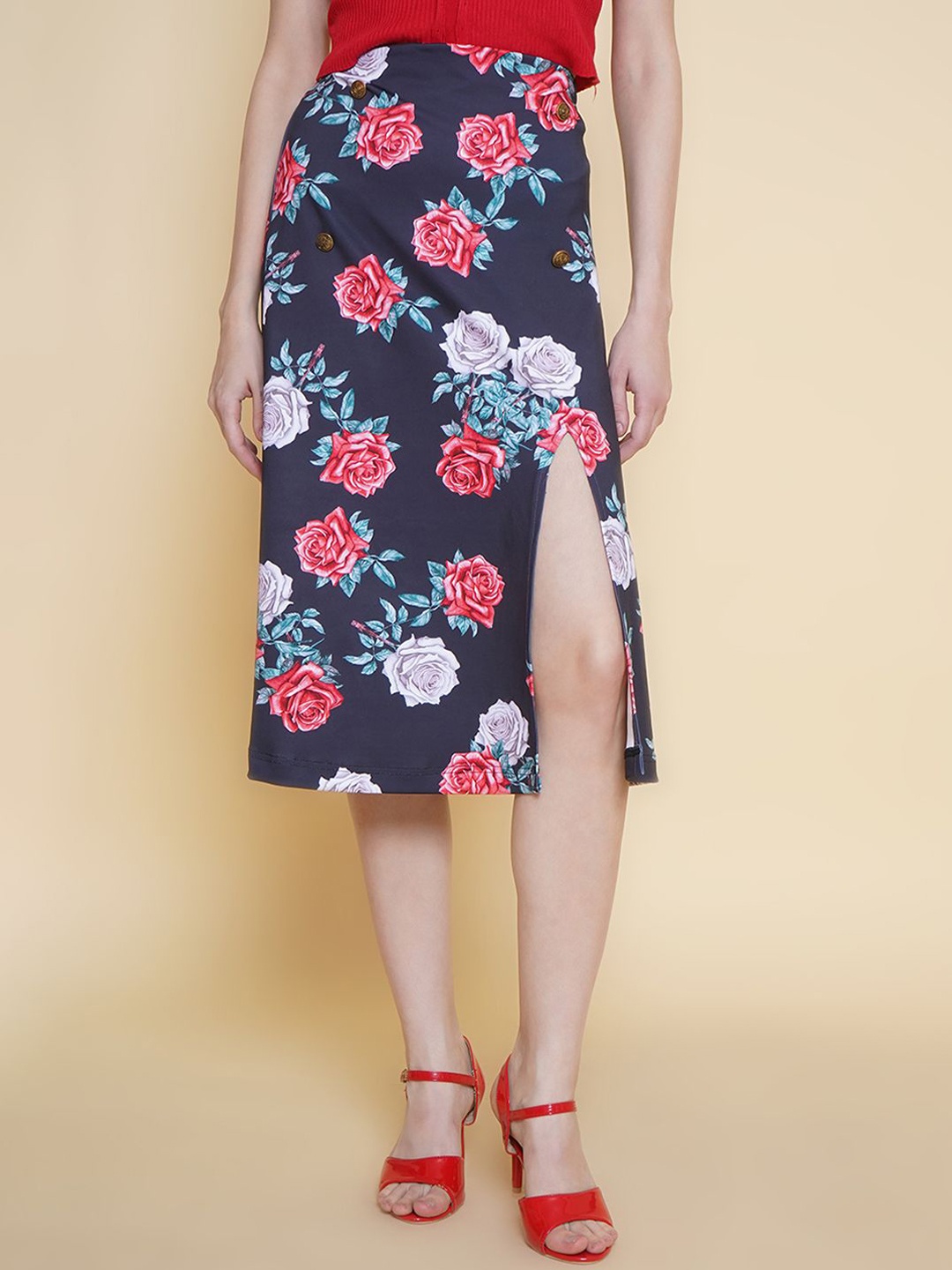 

KATLINE Women Floral Printed A-Line Midi Skirt, Black