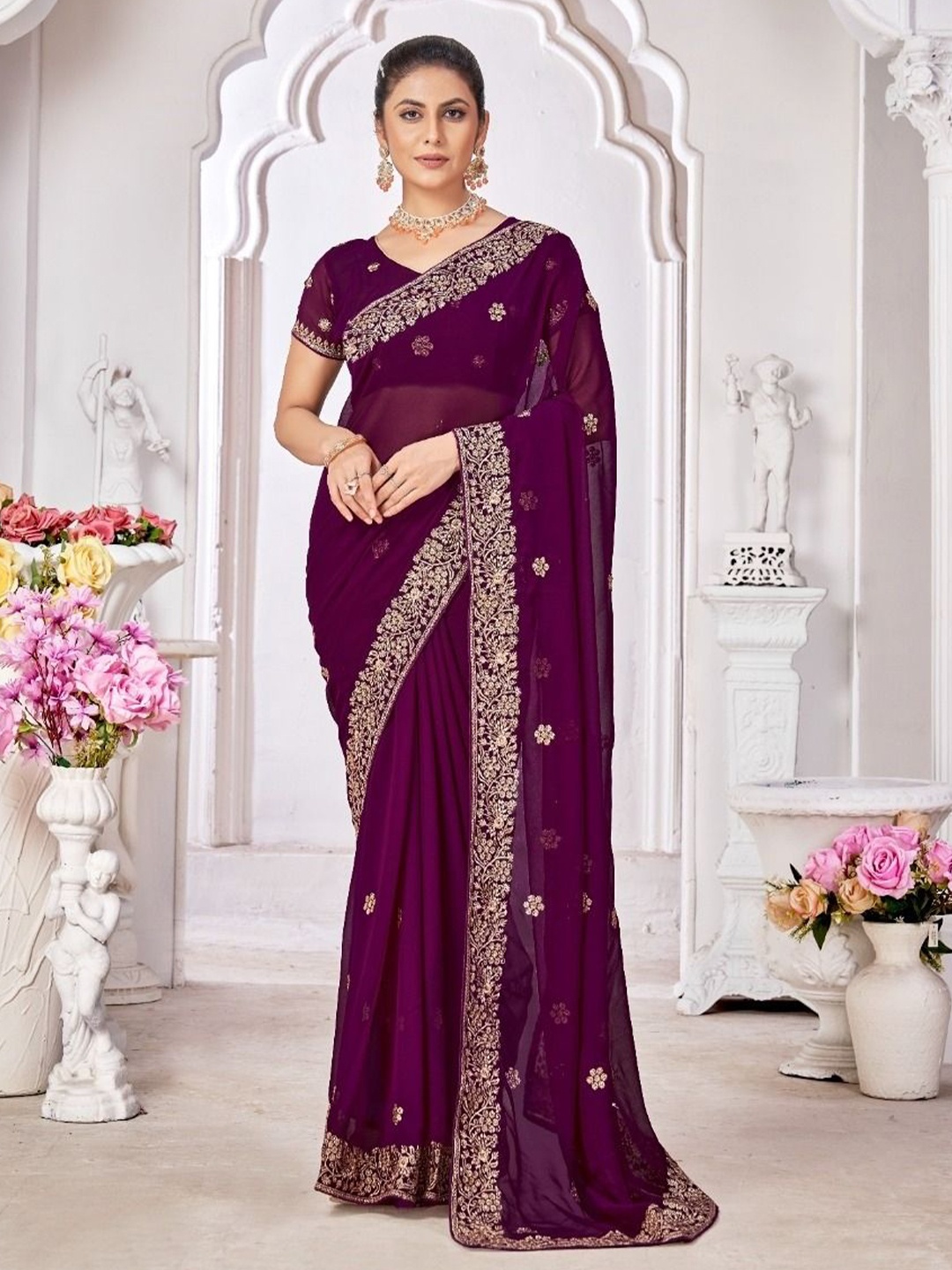 

Kalista Floral Embroidered Pure Georgette Saree, Burgundy