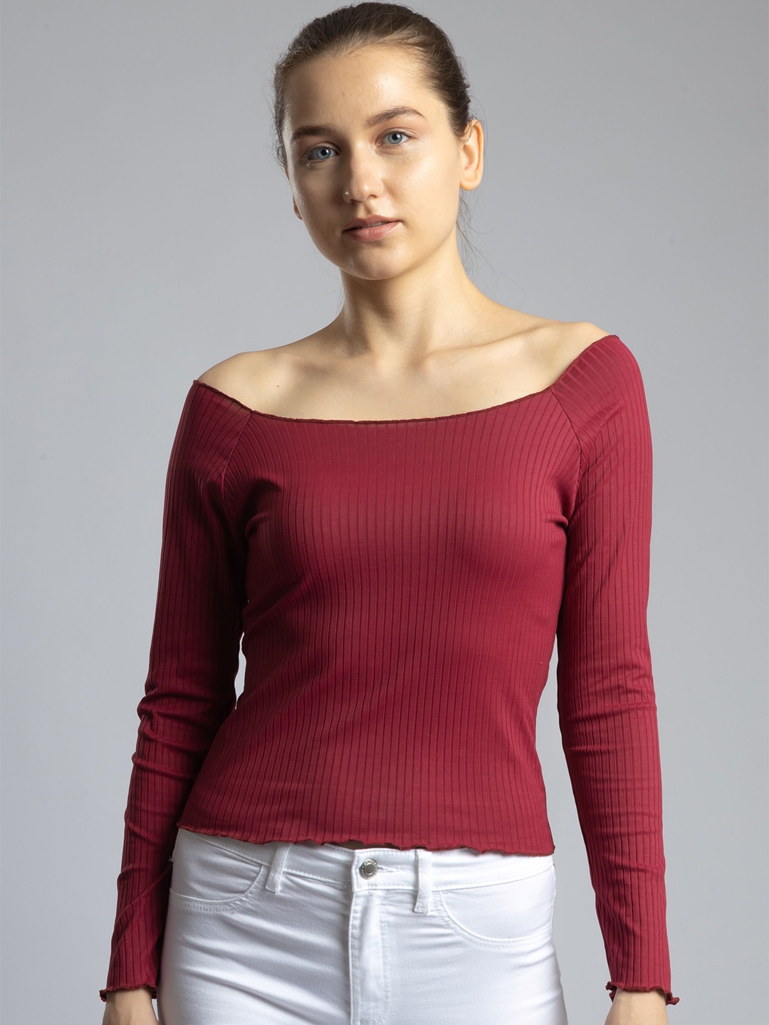 

Redamancii Women Vertical Striped Off-Shoulder Top, Maroon