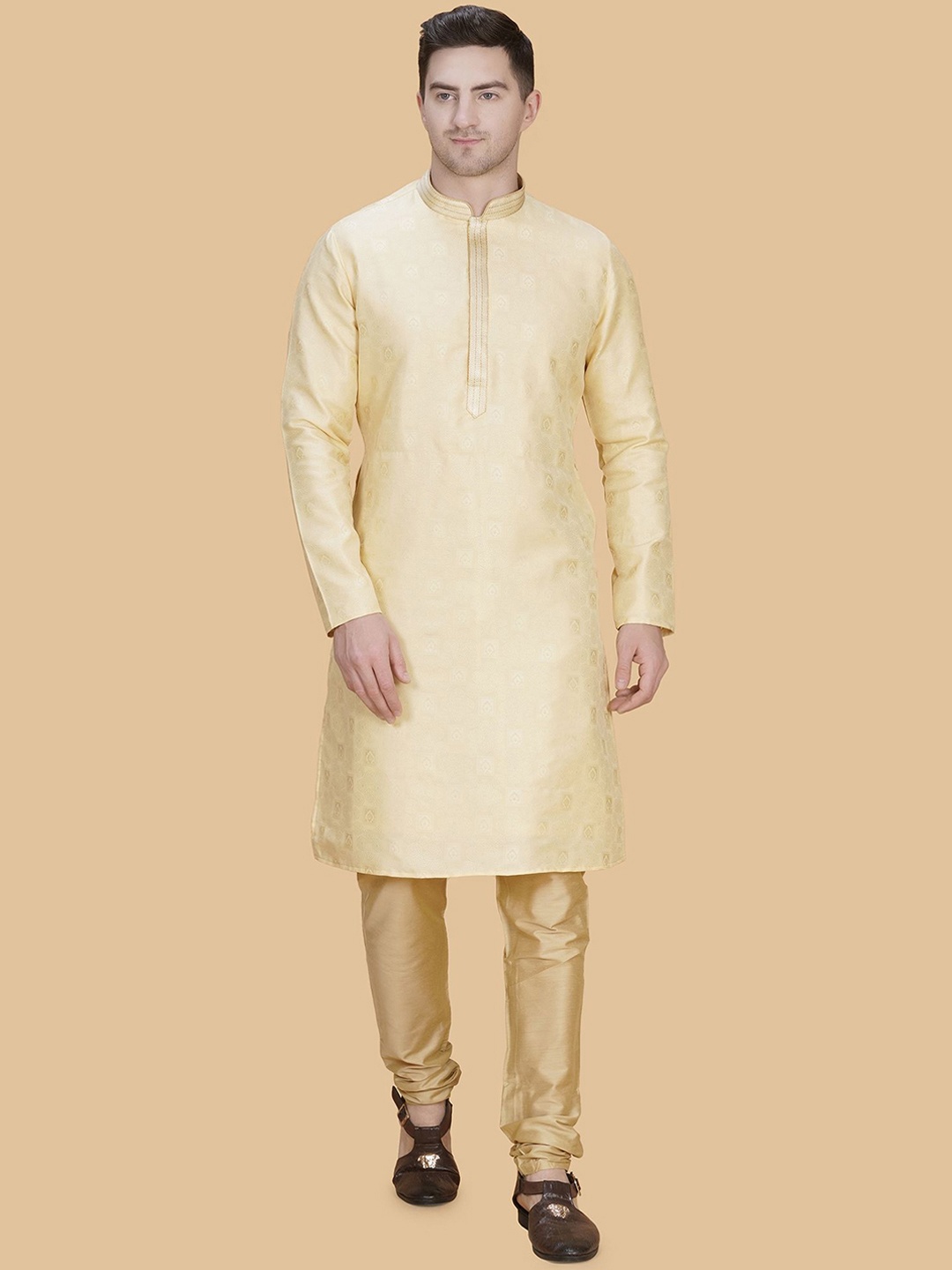 

LA'SCOOT Mandarin Collar Pure Cotton Kurta With Churidar, Beige