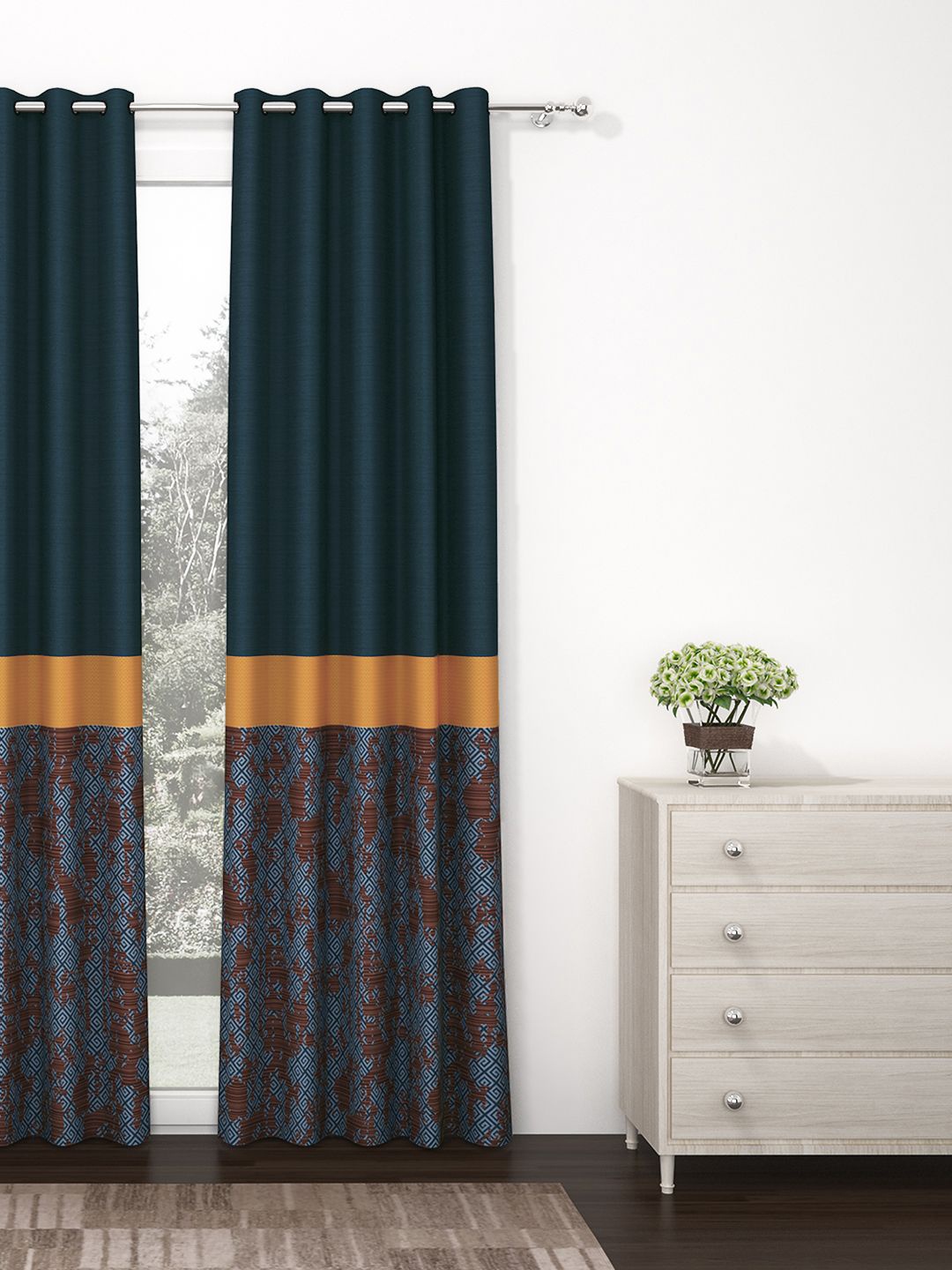 

Story@home Navy Blue & Maroon Geometric Room Darkening Long Door Curtain