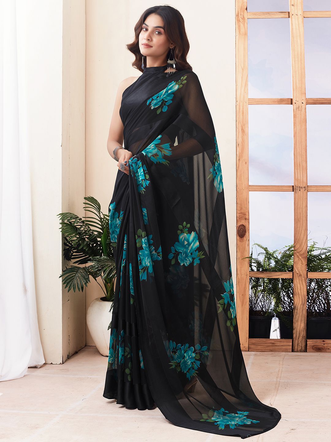 

KALINI Floral Printed Pure Georgette Muga Saree, Black