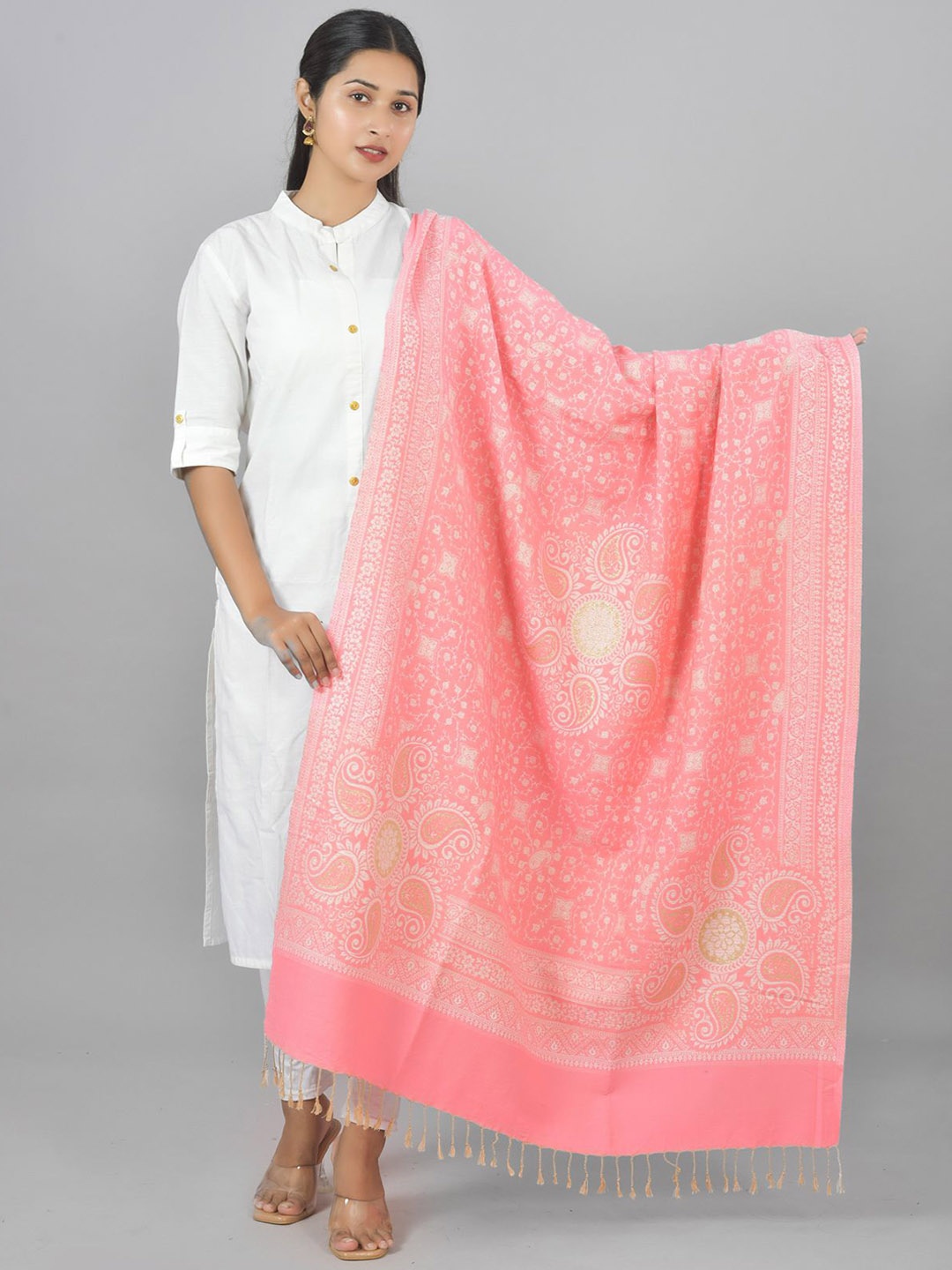 

BAISA Paisley Woven Design Zari Ethnic Shawl, Pink