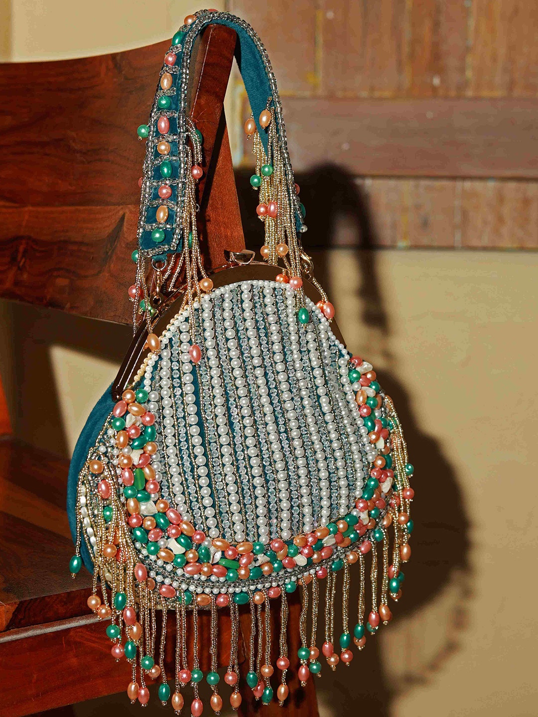 

THE TAN CLAN Embroidered Tasselled Half Moon Clutch, Green