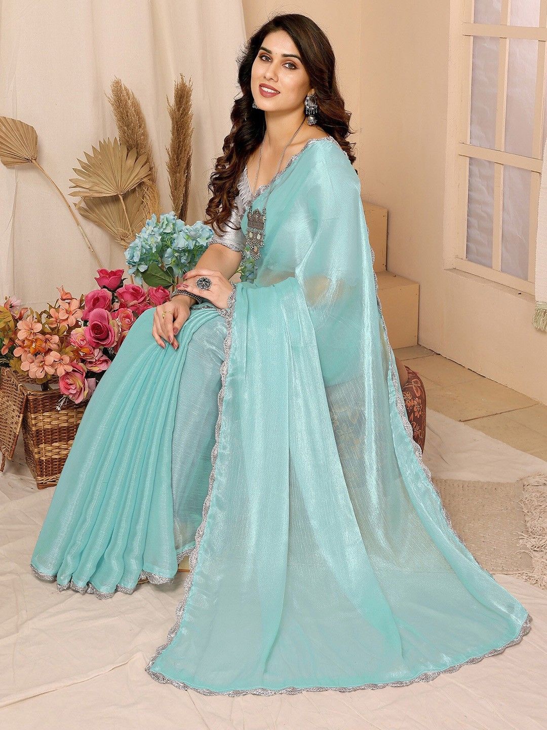 

VRAGI Embellished Organza Saree, Turquoise blue