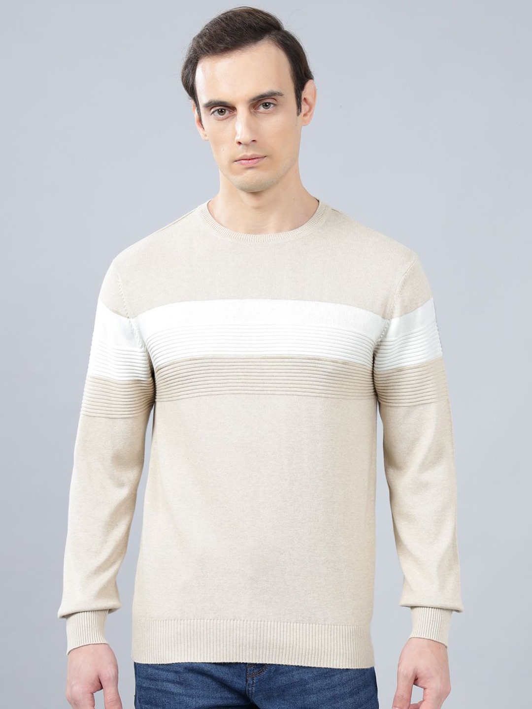 

Cantabil Men Striped Full Sleeve Round Neck Pullover, Beige