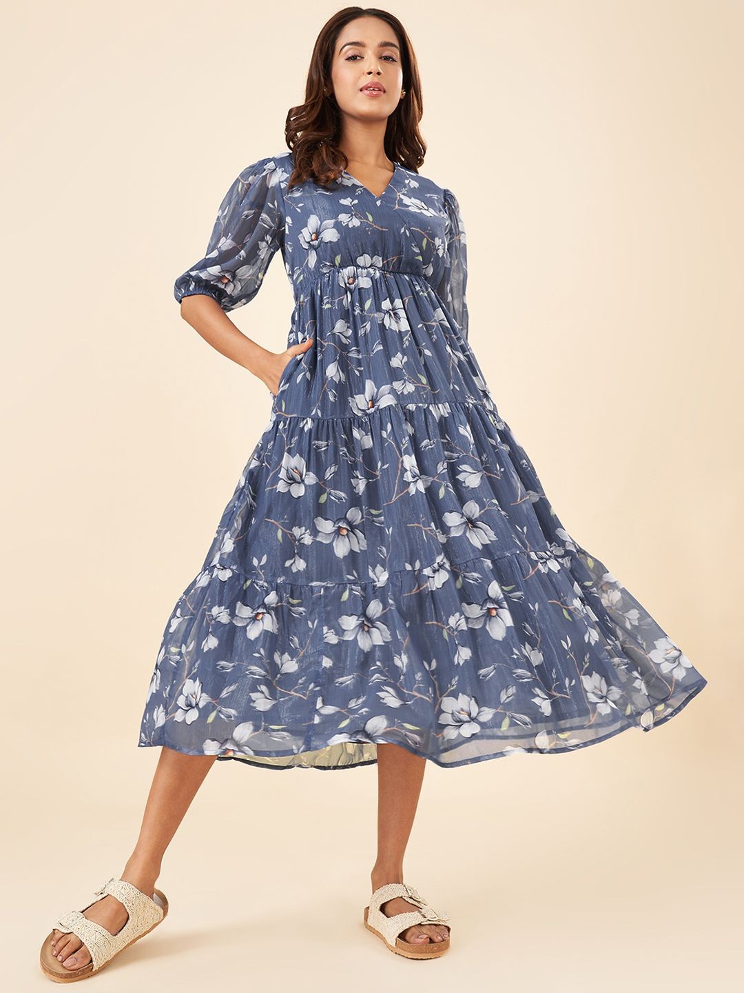 

AKKRITI BY PANTALOONS Women Floral Print Fit & Flare Midi Dress, Blue