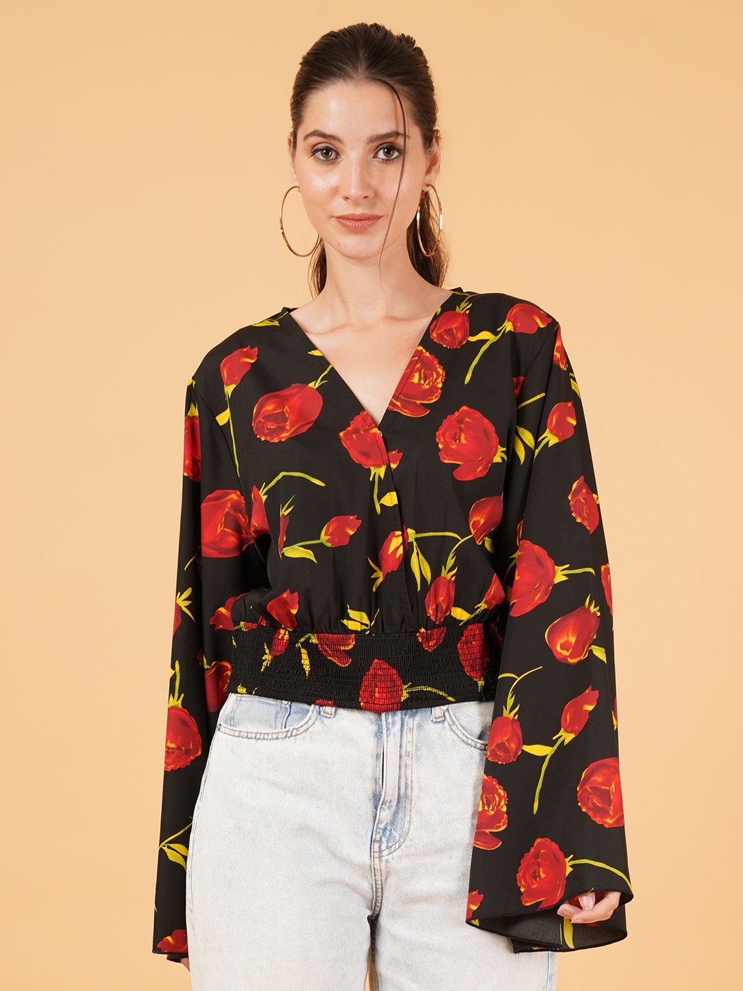 

Sztori Women Floral Printed V-Neck Plus Size Top, Black