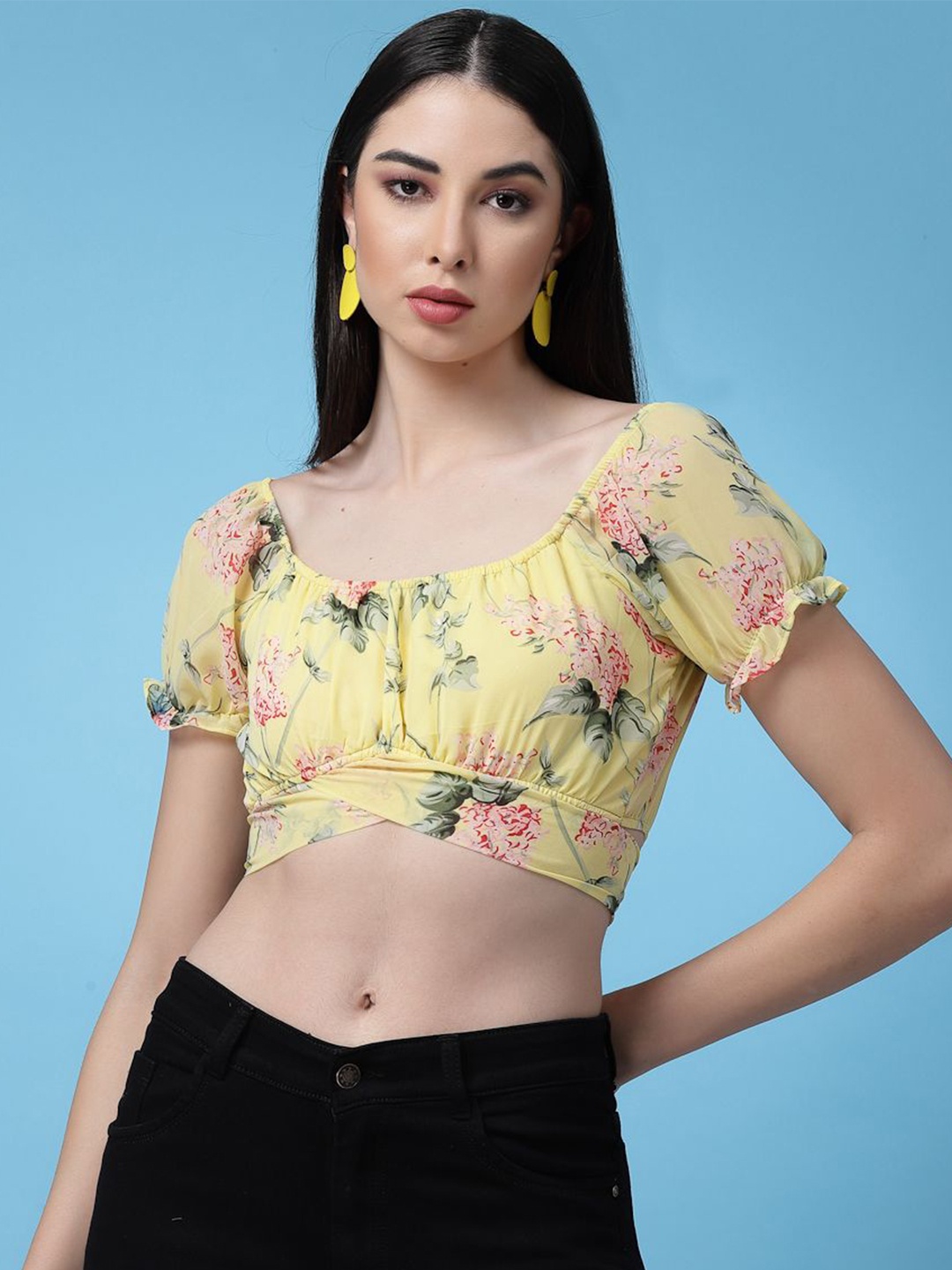 

Oomph Factor Women Floral Print Puff Sleeve Crop Top, Yellow