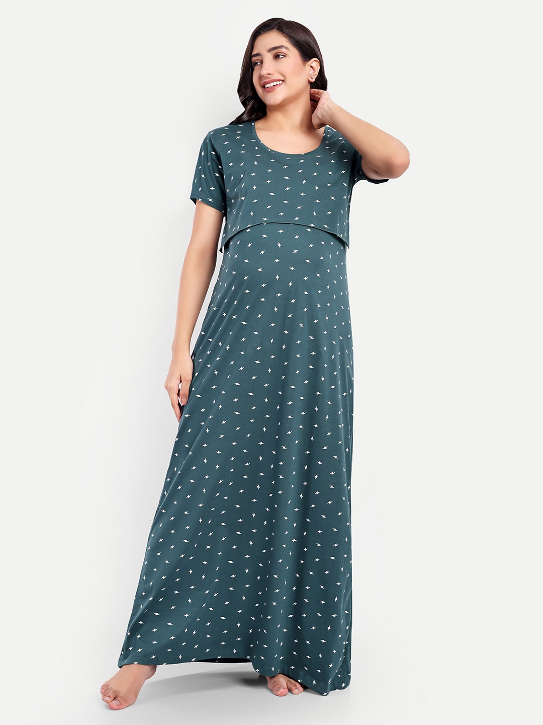 

THE MAMA KLUB Women Printed Maternity & Nursing Nightdress, Green