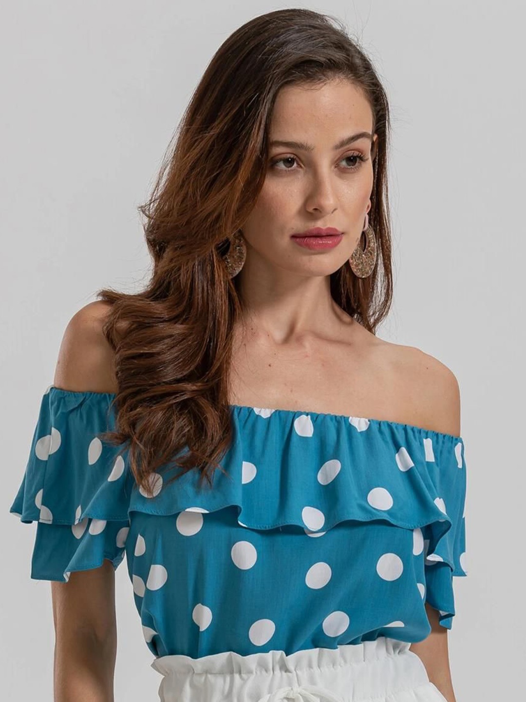 

Kotty Polka Dot Printed Off-Shoulder Puff Sleeve Bardot Crop Top, Blue