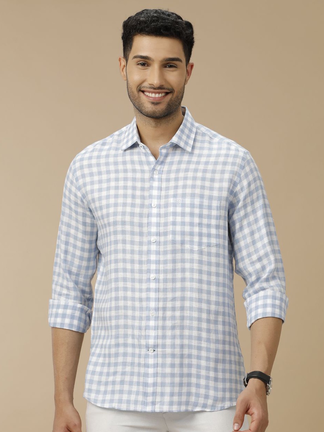

Linen Club Men Contemporary Slim Fit Opaque Checked Casual Shirt, Blue