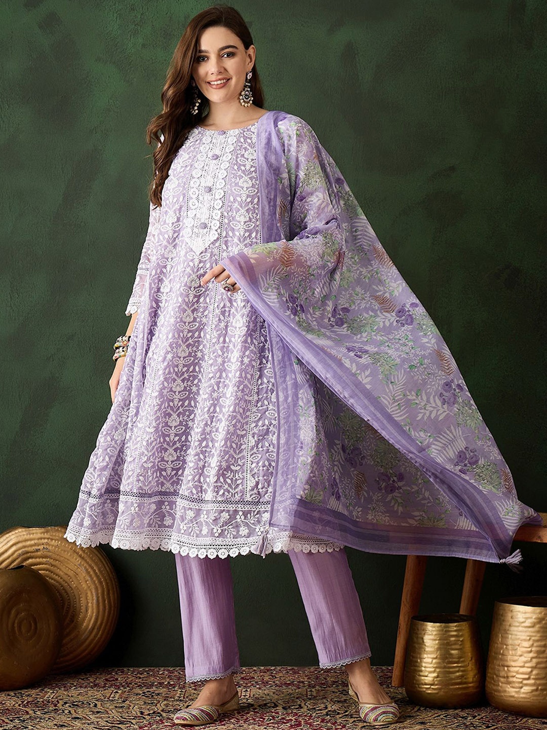 

Sangria Lavender Floral Schiffli Embroidered Thread Work Kurta With Trouser & Dupatta