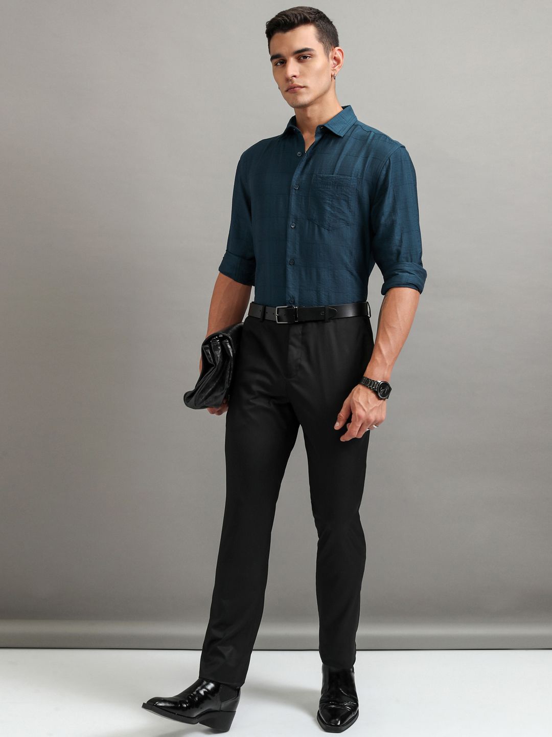 

Highlander Men Dobby Textured Solid Relaxed Shirt, Teal