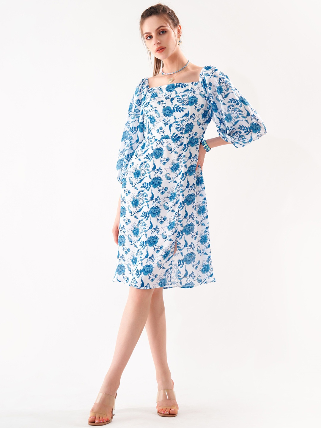 

BOONS n PERKKS Womens Floral Printed Puff Sleeve A-Line Mini Dress, Blue