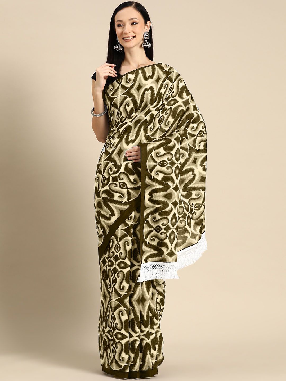 

BUTA BUTI Ethnic Motifs Printed Pure Cotton Saree, Coffee brown