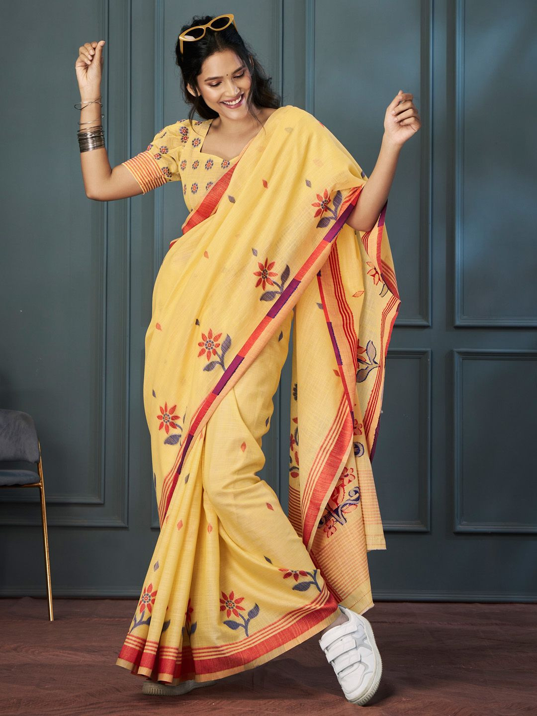 

Anouk Floral Woven Design Saree With Zari Border, Yellow