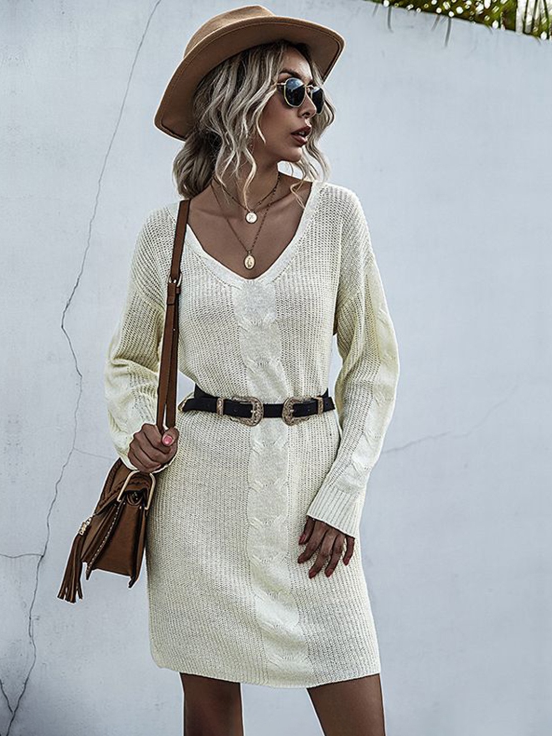 

HERE&NOW Women Self Design Jumper Above Knee Dress, Off white