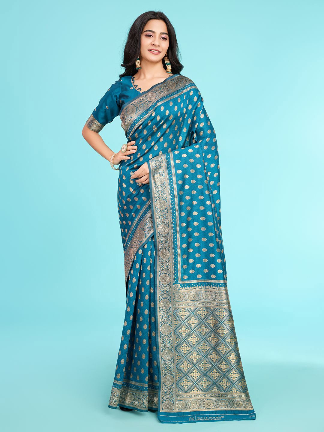 

RICH & ROMAN Woven Design Zari Pure Silk Banarasi Saree, Blue