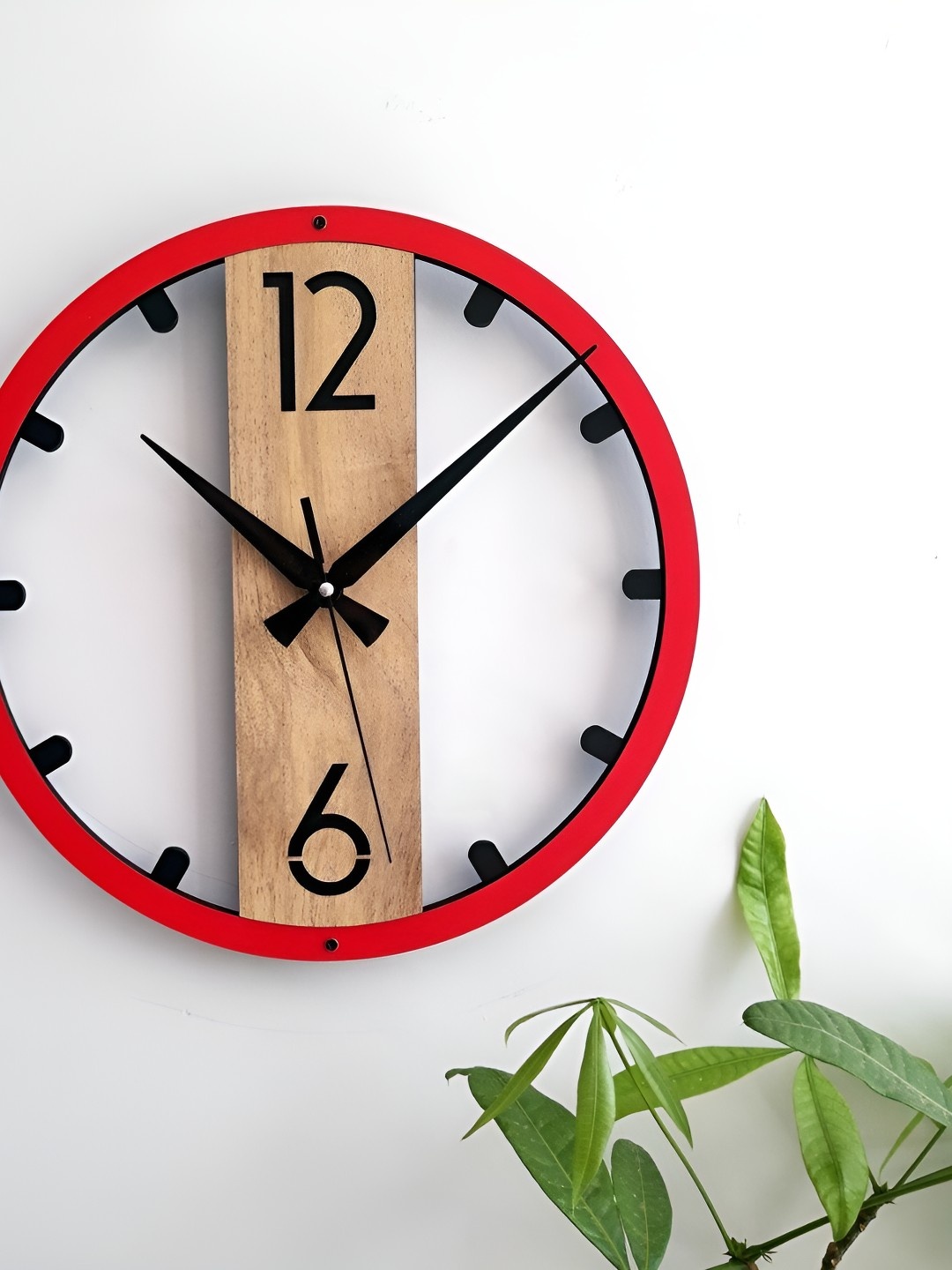 

QEZNEF Red & Brown Round Wooden Analogue Wall Clock