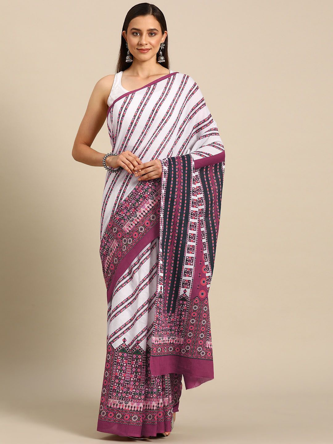 

BUTA BUTI Striped Printed Pure Cotton Saree, Pink