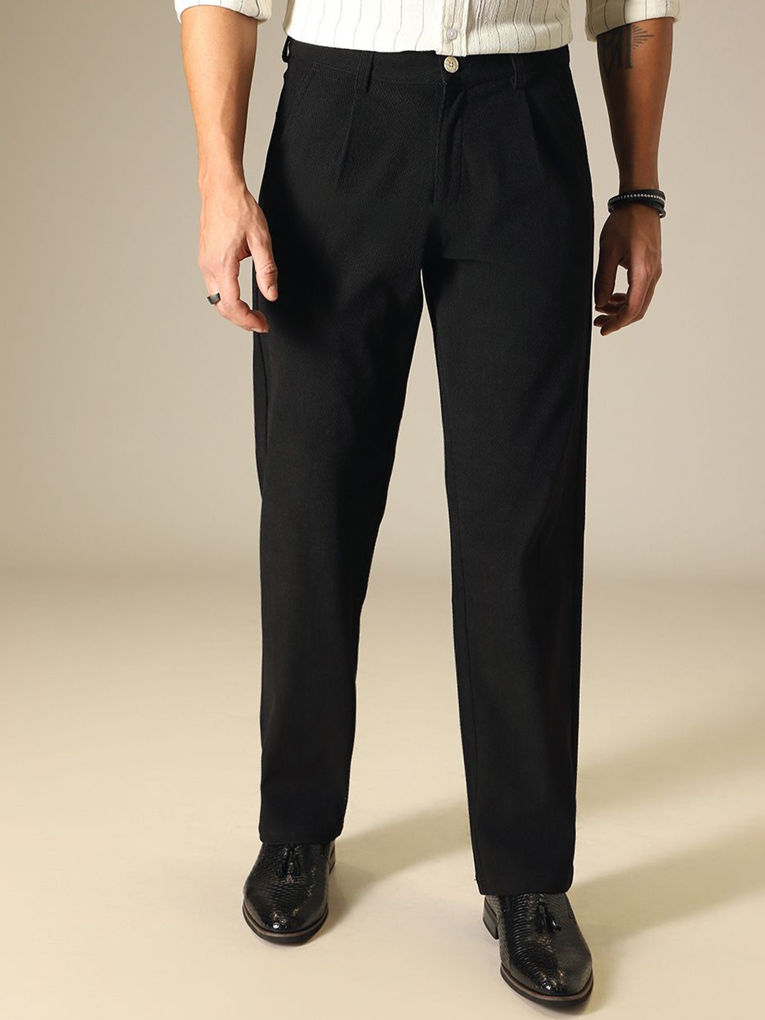 

Banana Club Men Classic Black Textured Corduroy Trousers