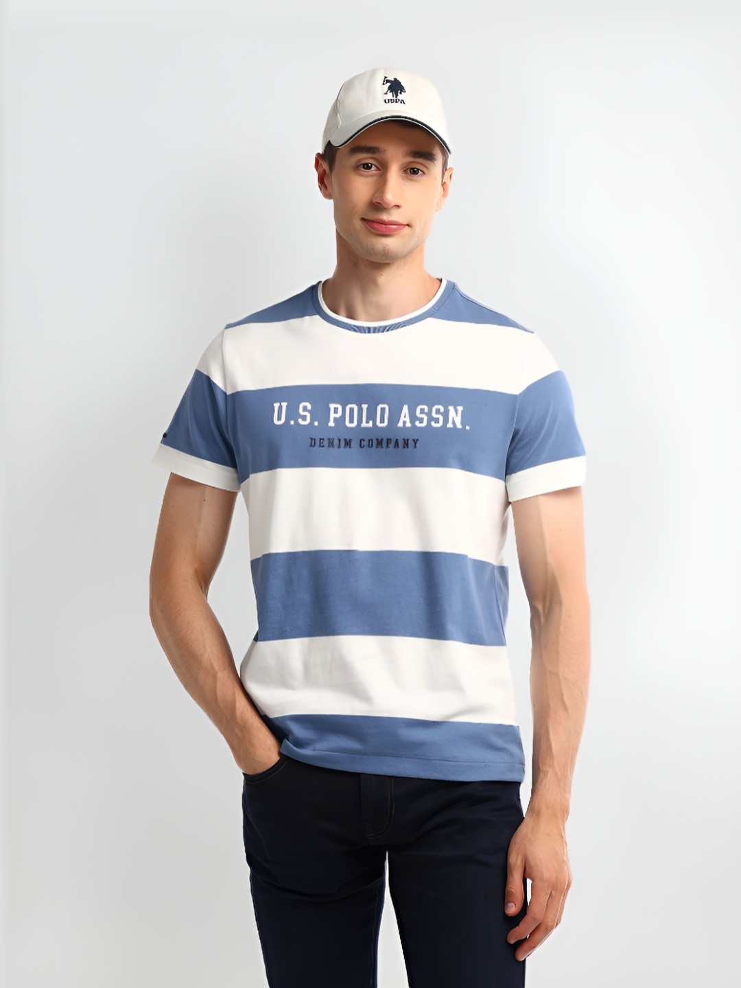 

U.S. Polo Assn. Denim Co. Men Striped Round Neck Cotton Slim Fit T-shirt, Blue